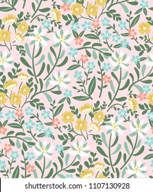 Vector pattern with Altai mountain herbs: wild yellow poppies, forget-me-nots, edelweiss. Beautiful print for fabric
