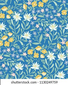 Vector pattern with Altai mountain herbs: wild yellow poppies, forget-me-nots, edelweiss. Beautiful print for fabric
