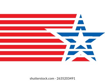 Vector pattern in American style. Blue star and red horizontal stripes. Design element for covers, t-shirts, sportswear, advertising. Patriotic striped vector background. Flag