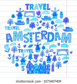 Vector pattern with Amsterdam city House, architecture, mill, tulip. Holland doodle icon