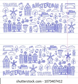 Vector pattern with Amsterdam city House, architecture, mill, tulip. Holland doodle icon