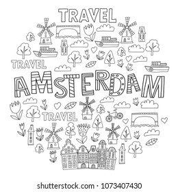 Vector pattern with Amsterdam city House, architecture, mill, tulip. Holland doodle icon