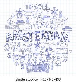 Vector pattern with Amsterdam city House, architecture, mill, tulip. Holland doodle icon