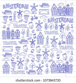 Vector pattern with Amsterdam city House, architecture, mill, tulip. Holland doodle icon