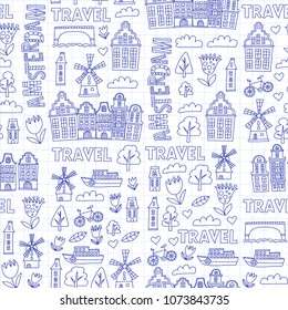 Vector pattern with Amsterdam city House, architecture, mill, tulip. Holland doodle icon