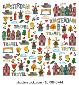 Vector pattern with Amsterdam city House, architecture, mill, tulip. Holland doodle icon
