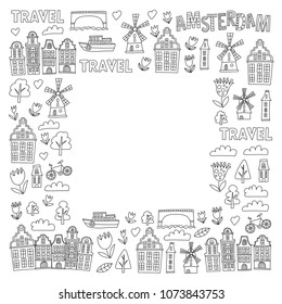 Vector pattern with Amsterdam city House, architecture, mill, tulip. Holland doodle icon