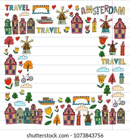 Vector pattern with Amsterdam city House, architecture, mill, tulip. Holland doodle icon