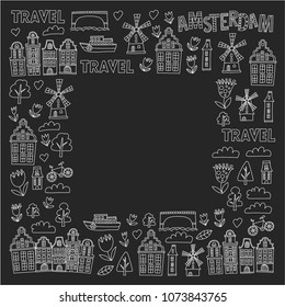 Vector pattern with Amsterdam city House, architecture, mill, tulip. Holland doodle icon