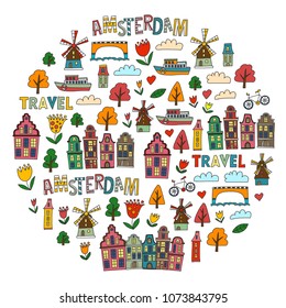 Vector pattern with Amsterdam city House, architecture, mill, tulip. Holland doodle icon
