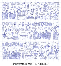 Vector pattern with Amsterdam city House, architecture, mill, tulip. Holland doodle icon