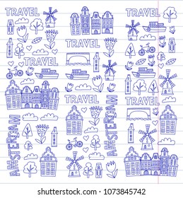 Vector pattern with Amsterdam city House, architecture, mill, tulip. Holland doodle icon