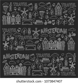 Vector pattern with Amsterdam city House, architecture, mill, tulip. Holland doodle icon