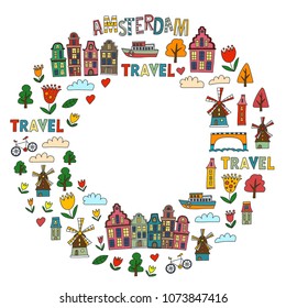 Vector pattern with Amsterdam city House, architecture, mill, tulip. Holland doodle icon