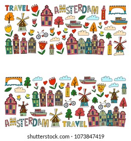 Vector pattern with Amsterdam city House, architecture, mill, tulip. Holland doodle icon