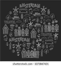 Vector pattern with Amsterdam city House, architecture, mill, tulip. Holland doodle icon