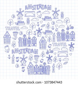 Vector pattern with Amsterdam city House, architecture, mill, tulip. Holland doodle icon