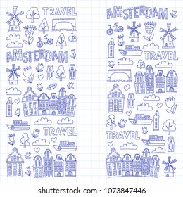 Vector pattern with Amsterdam city House, architecture, mill, tulip. Holland doodle icon