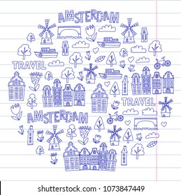 Vector pattern with Amsterdam city House, architecture, mill, tulip. Holland doodle icon