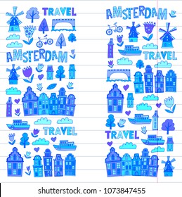 Vector pattern with Amsterdam city House, architecture, mill, tulip. Holland doodle icon