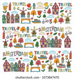 Vector pattern with Amsterdam city House, architecture, mill, tulip. Holland doodle icon