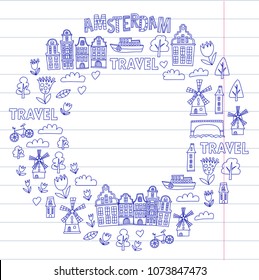 Vector pattern with Amsterdam city House, architecture, mill, tulip. Holland doodle icon