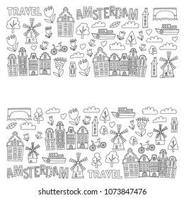 Vector pattern with Amsterdam city House, architecture, mill, tulip. Holland doodle icon