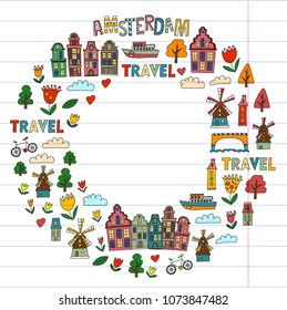 Vector pattern with Amsterdam city House, architecture, mill, tulip. Holland doodle icon