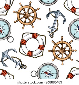 Vector pattern with anchors, lifebuoies, ship's wheels, compasses