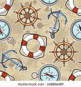 Vector pattern with anchors, lifebuoies, ship's wheels, compasses