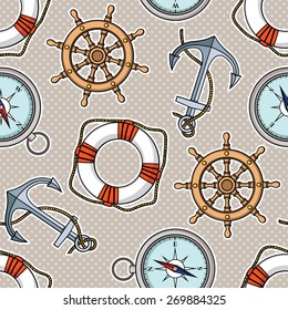 Vector pattern with anchors, lifebuoies, ship's wheels, compasses