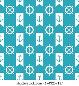 Vector pattern with anchors and steering wheel. White and dark turquoise colors.