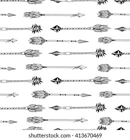 Vector pattern of ancient arrows. Hipster trendy seamless pattern. Hand drawn black and white isolated trendy bohemian illustration. Use for closes, wallpaper, greeting card, fashion.