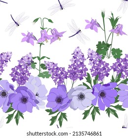 Patrón vectorial con anémona, aquilegia, lila y libélulas sobre un fondo blanco. Patrón transparente para la tela, el papel y otros proyectos de impresión y web.