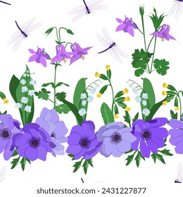Vector pattern with anemone, aquilegia, lily of the valley and dragonflies on a white background. Seamless pattern for fabric, paper and other printing and web projects.
