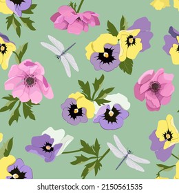 Patrón vectorial con anémona, pansies y libélulas sobre un fondo verde. Patrón transparente para la tela, el papel y otros proyectos de impresión y web.