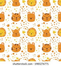Vector pattern with animals for printing on children's textiles. Bears, rabbits, zebras in orange and yellow colors for children.