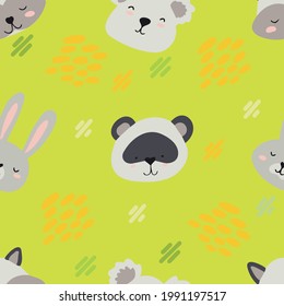 Vector pattern with animals for printing on children's textiles. Bears, rabbits, zebras in gray and pink colors on a green background for children.