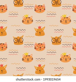 Vector pattern with animals for printing on children's textiles. a cat and a squirrel with glasses and a crown of orange and yellow colors for children.