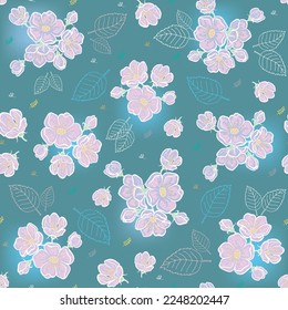 vector pattern, apple blossom ornament and leaves on twilight background