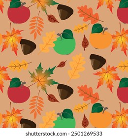 Vector pattern apples and nuts autumn harvest. Print for printing and textiles.