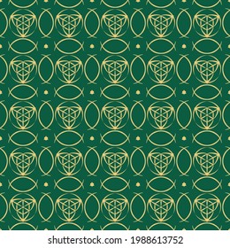 vector pattern of an arrangement of triangles and circles using convex, gold lines on a dark green background, easy editing to change color