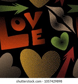 Vector pattern with arrow, hearts, kissing lips, love text in dots. Seamless design in yellow, black and orange colors for posters, wallpaper, wrapping paper.