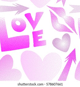 Vector pattern with arrow, hearts, kissing lips, love text in dots. Seamless design in magenta and pink colors for posters, wallpaper, wrapping paper.