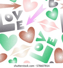 Vector pattern with arrow, hearts, kissing lips, love text in dots. Seamless design in green and pink colors for posters, wallpaper, wrapping paper.