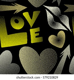 Vector pattern with arrow, hearts, kissing lips, love text in dots. Seamless design in beige and yellow colors for posters, wallpaper, wrapping paper.