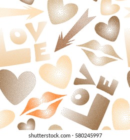 Vector pattern with arrow, hearts, kissing lips, love text in dots. Seamless design in beige, brown and orange colors for posters, wallpaper, wrapping paper.