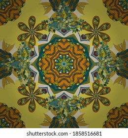 Patrón vectorial. El arte inspira flores y hojas de fondo azules, amarillas y verdes. Flores de garabato sin fisuras. Patrón dibujado a mano azul, amarillo y verde. #ABFUOSV