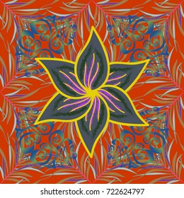 Vector pattern. Art inspiorange, blue and neutral style flowers and leaves background. Doodle flowers seamless pattern. Orange, blue and neutral hand drawn pattern.