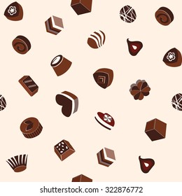 Vector pattern of assortment of chocolates and cookie seamless background